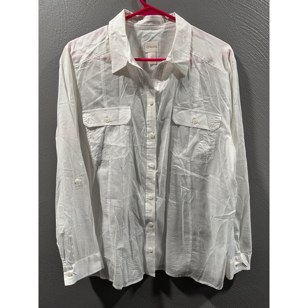 Chicos White Cotton Button Down Shirt Roll Tab Sleeve Pocket Blouse Size 2 L